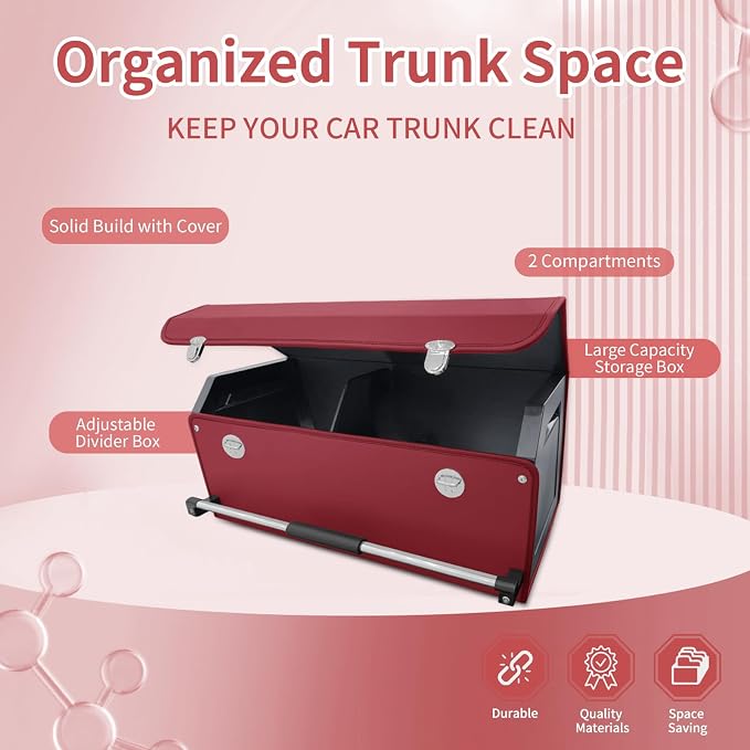 Trunk Organizer for Car with Lid Leather Trunk Organizer Car Organizer | SUV Trunk Organizer with Push-pull Handle Car Trunk Storage Organizer for Minivan, Truck, Sedan (Claret, 27.17x11.42x12.2in)