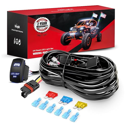 Nilight 14AWG 18AWG LED Light Bar Wiring Harness Kit with Pulse Power Plug | Connector 12V On Off 5Pin Rocker Switch Relay Fuse for Polaris RZR General Ranger Pulse Bus bar - 3 Leads Blue