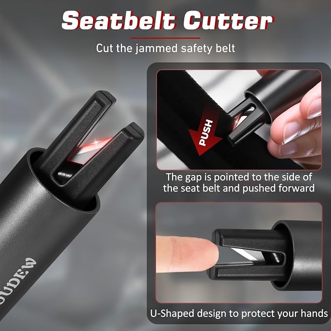 4-in-1 Car Window Breaker Seatbelt Cutter Emergency Escape Tool | Portable Spring Loaded Glass Breaker, Survival Whistle, LED Flashlight, Aluminum Alloy Safety Hammer for Emergencies, Black