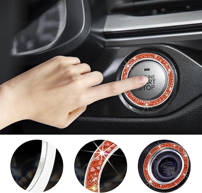 Kewucn Bling Crystal Double Rhinestone Car Engine Start Decoration Ring, Sparkling Push Start Button Sticker, Key Ignition & Knob Ring Decoration, Bling Car Interior Accessory (Orange)