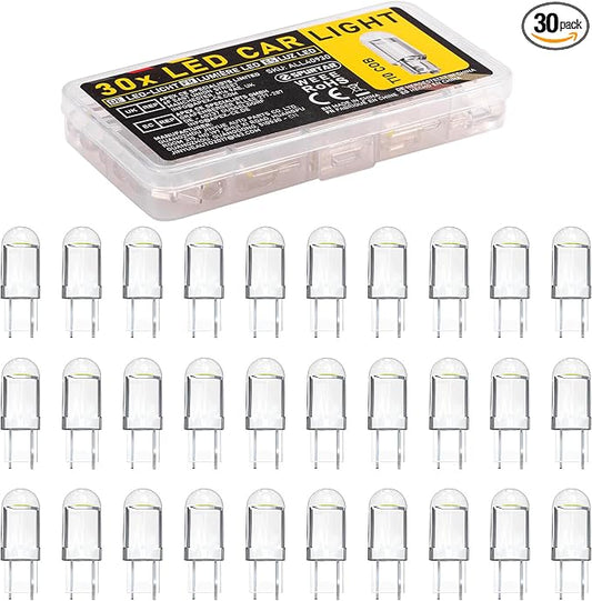 Spurtar 30PCS 194 LED Bulb 6000K White 168 W5W 2825 194 T10 LED Bulb Wedge COB Replacement Bulbs Error Free for Dome Map Door Courtesy Trunk Parking License Plate Lights etc.
