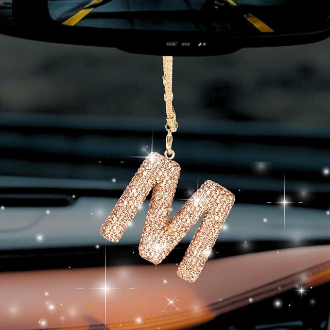 Bling Car Accessories for Women Letter Charm, Rainbow Crystal Rearview Mirror Pendant, Cute Diamond Rhinestone Car Decor, Lucky Gift for Women(M, Champagne Gold)