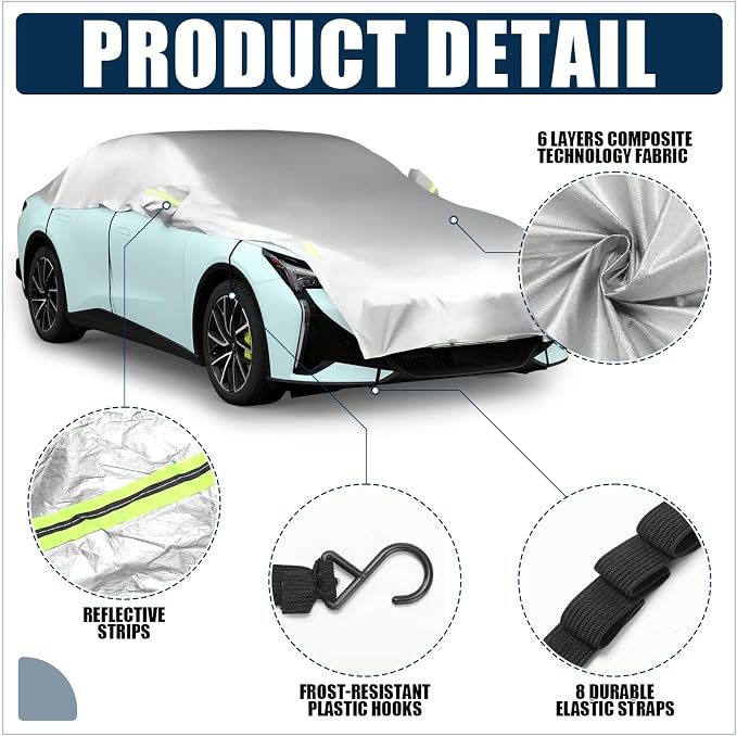Canchiing Silver Car Half Car Cover Auto Sun Heat and UV Rays Blocker Foldable Automotive Front Windshield Sunshade Protector Easy Installation with Straps Fits Cars Sedan SUV(194" X 59",Sedan)