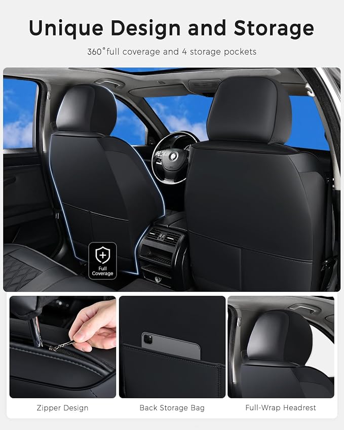 Huidasource Car Seat Covers Full Set, Seat Covers Nappa Leather Universal Fit for Most Cars, Vans, Trucks, SUVs, Compatible with Airbags, Child Seat, Car Seat Cover Velcro Adjustable (Full Set/Black)