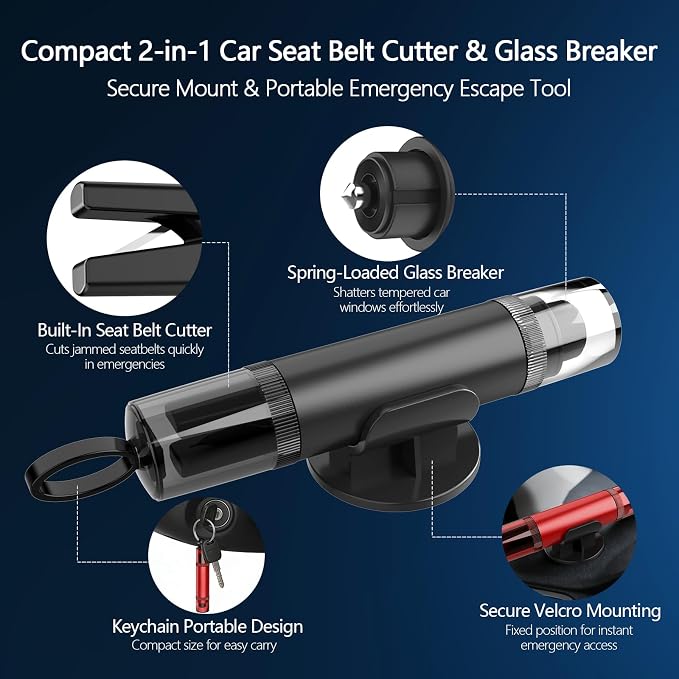 Window Breaker Seatbelt Cutter 3 Pack, Car Emergency Escape Tool | Underwater car window breaker tool, 2-in-1 seatbelt cutter with extra 4 car door shock pads for vehicle emergency safety