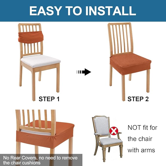 Smiry Waterproof Seat Covers for Dining Room Chairs Set of 8, Stretch Jacquard Removable Washable Chair Seat Slipcovers Protector, No Rear Covers, Rust