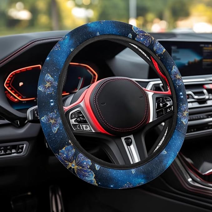 AFPANQZ Steering Wheel Cover for Most Cars Universal Fit 14 to 15 inch | Blue Butterfly, Anti-slip Steering Wheel Protector, No Smell Fashion, Easy Install
