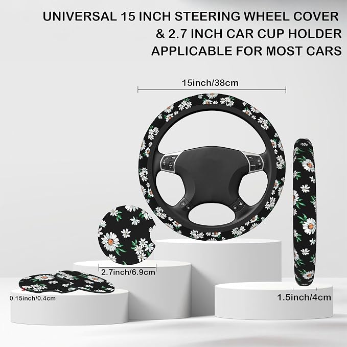 Cute Daisy Steering Wheel Cover for Women, Anti-Slip Car Steering Wheel Cover with 2 Pcs Cup Holders Neoprene Breathable Car Accessories Universal 15 Inch Auto Interior Decor
