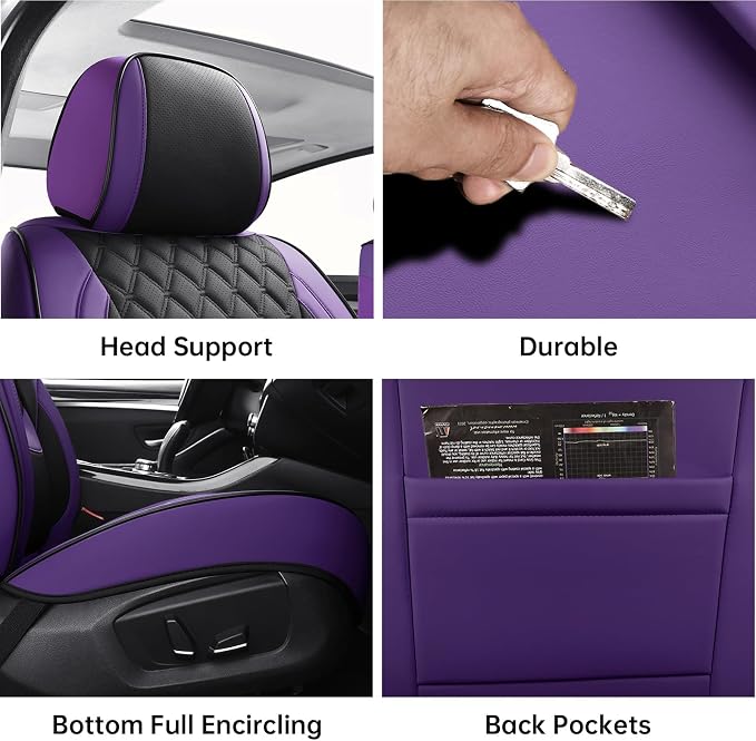 Car Seat Covers Full Set,5 Seat Leather Seat Covers for Cars,Front Seats and Back Seat Cover,Waterproof Car Seats Cushion Protectors,Universal Fit for Most Cars SUV Trucks (Purple Black,Full Set)