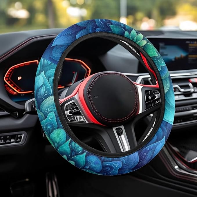 AFPANQZ Green Bohemian Flower Steering Wheel Protection for Automotive Steering Wheel Covers, Sweat Absorption Comfort Grip for Driver Women Men