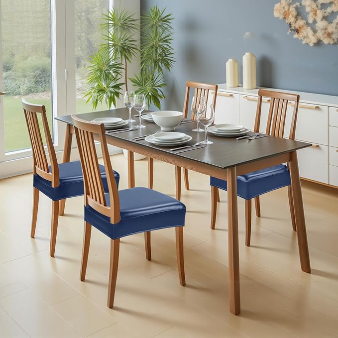 Waterproof Dining Chair Seat Covers Leather Kitchen Seat Covers, Stain Resistant Stretch Chair Seat Covers for Dining Room Chairs Set of 4, Rear Covered Washable Dining Chair Covers Navy