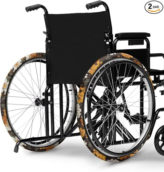 Hippie Flowers Wheelchair Decorations Floral Neoprene Wheelchair Wheel Covers Comfortable Accessories Tyre Covers