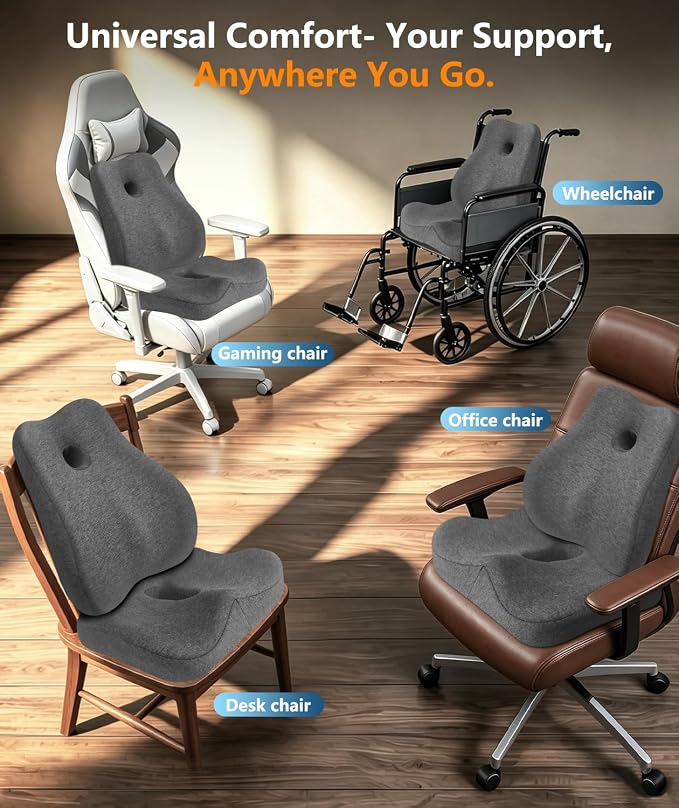 Lumbar Support Pillow & Seat Cushion for Office Chair, Memory Foam Office Chair Cushion for Tailbone Pain Relief and Lower Back Support, Ergonomic Desk Chair Cushion for Gaming, Wheelchair,Home