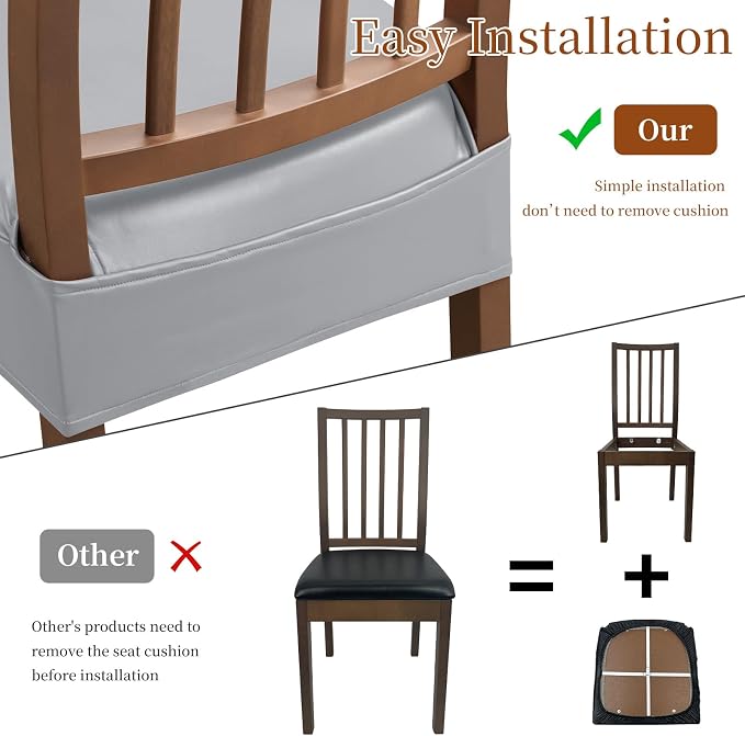 Waterproof Dining Chair Seat Covers Leather Kitchen Seat Covers, Stain Resistant Stretch Chair Seat Covers for Dining Room Chairs Set of 8, Rear Covered Washable Dining Chair Covers Gray