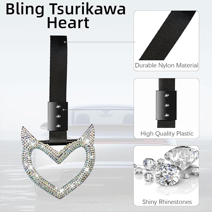 NBTEPEM Bling Tsurikawa Heart Handle Keychains Bling Car Accessories for Women Hand Strap Drift Charm Rear Bumper Warning Ring Decor for Car Interior Exterior Decoration (Multicolor, Devil Style)
