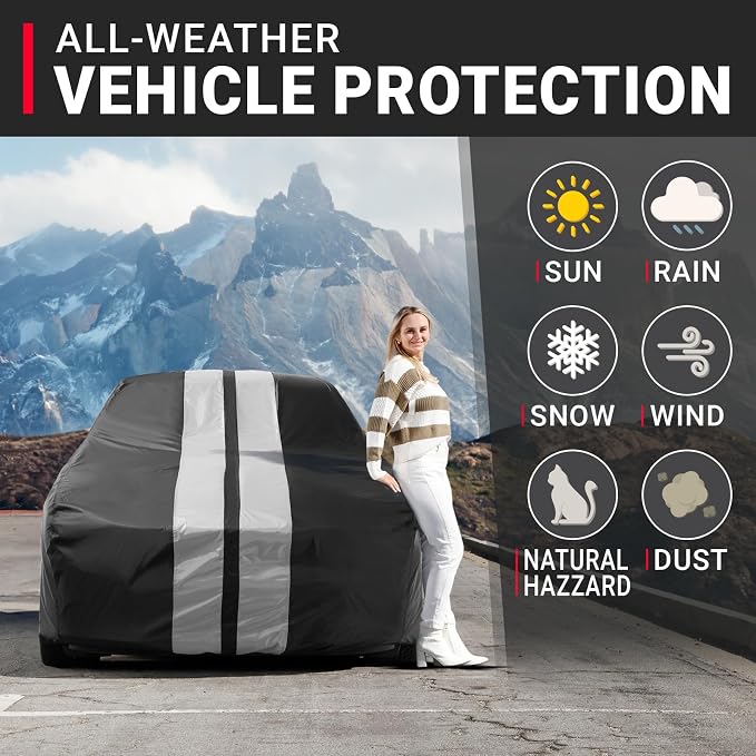 iCarCover Premium Heavy Duty Car Cover - Waterproof All Weather Rain Snow UV Protection, Celica, 928, Bolt EV, Z8, VW Jetta, Size C40 (See Size Chart), Stripe - Black/Gray