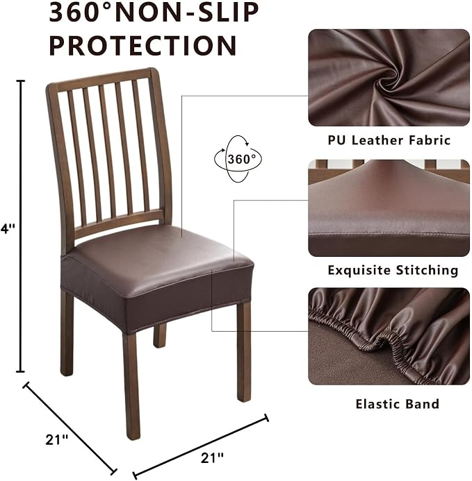 NILUOH Waterproof Seat Covers for Dining Room Chairs Set of 2, Pu Leather Chair Seat Slipcovers Dining Chair Cover Removable Washable Chair Protctor Cover, Rear Covers (PU-Coffee)