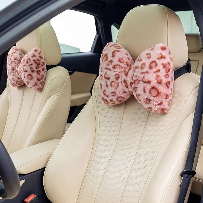 Macarrie 2 Pcs Leopard Car Neck Pillow Imitation Rabbit Fur Bow Pillow | Soft Comfortable Seat Headrest Support, Cute Bow Car Accessories, Driving Travel Driver Chair Girl Interior Decor, Pink