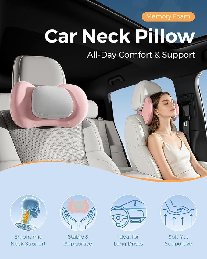 BABUR 100% Memory Foam Neck Pillow, Ergonomic Headrest for Car Seat | Driver Neck Pain Relief, Adjustable Buckle, Universal Car, Office Chair, Soft Breathable, Removable Cover, Machine Washable