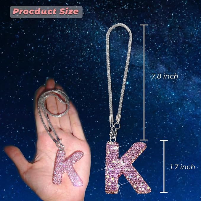 Bling Pink Car Accessories for Women Letter Charm, Rainbow Color Rear View Mirror Cute Crystal Pendant Car Decorations, Lucky Gifts Girly Diamond Rhinestone Charm Letter K