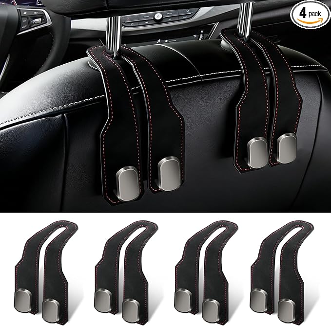 4 Pack Car Seat Headrest Hooks for Purses and Bags, Car Purse Holder With Double Metal Hooks, Headrest Back Seat Handbags Hook, Universal Car Purse Hanger, Cute Car Hanging Accessories, Black