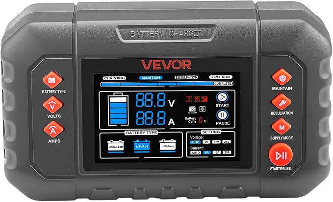 VEVOR Smart Battery Charger, 25A, 6V 12V 24V Ternary Lithium LiFePO4 Lead-Acid (Gel/AGM) Battery Charger, with 3.4-Inch LCD Display, Trickle Charging Maintainer Desulfator, for Car, Boat, Motorcycle