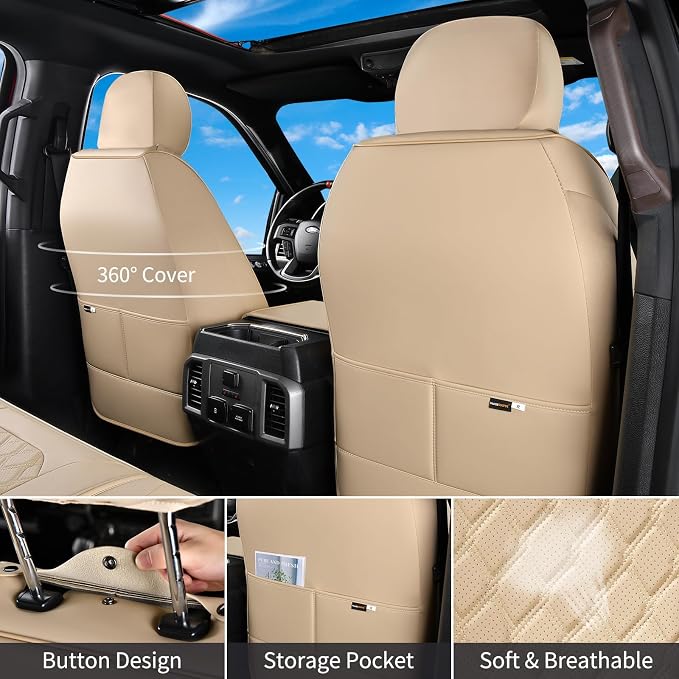 Huidasource F250 Front Seat Covers, 360° Full Coverage Leather Car Seat Protector Fit for Ford F150 2015-2026&F250 F350 F450 2017-2026 All Cab XL XLT Lariat King Ranch Platinum (Front Pair/Beige)