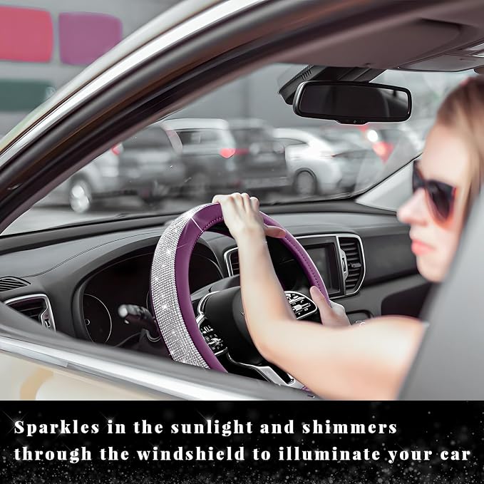 Diamond Leather Steering Wheel Cover, 15 Inch Bling Crystal Rhinestone Anti-Slip Wheel Protector, Universal Sparkling Elegant Diamond Steering Wheels Cover for Women Girl (White&Purple)