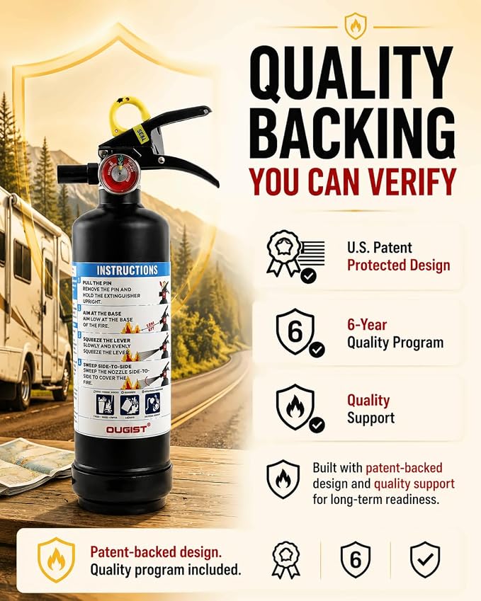 Ougist Car Fire Extinguisher, 1-A:10-B:C, FF1KG, 2.5lb Dry Chemical, 1 Pack | Automotive Multi-Purpose Extinguisher for Small Vehicle Fires In Cars, Trucks and Rvs; Compact Body with Quick-Release Handle