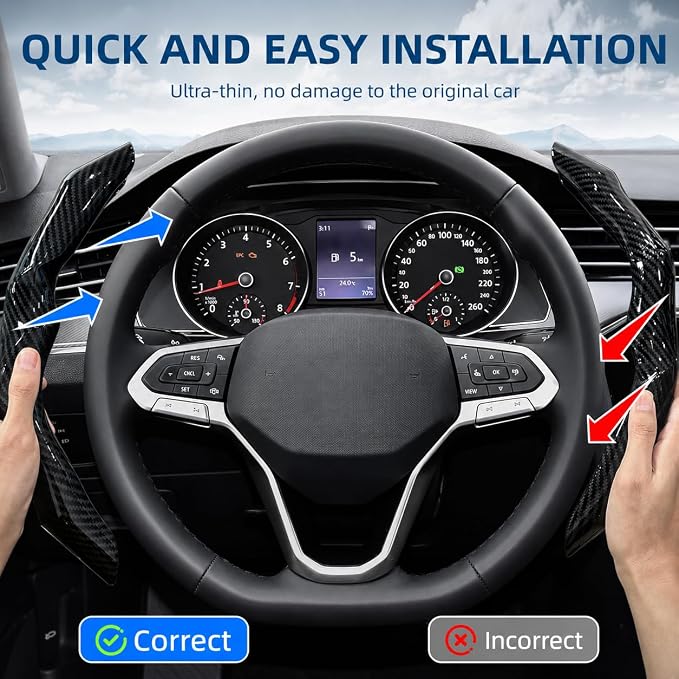 Carbon Fiber Steering Wheel Cover 2PCS Segmented Clip-on Protector (Black) | Universal Fit, Anti-Slip Lining, Sporty Style, Car Interior Accessory for Men and Women