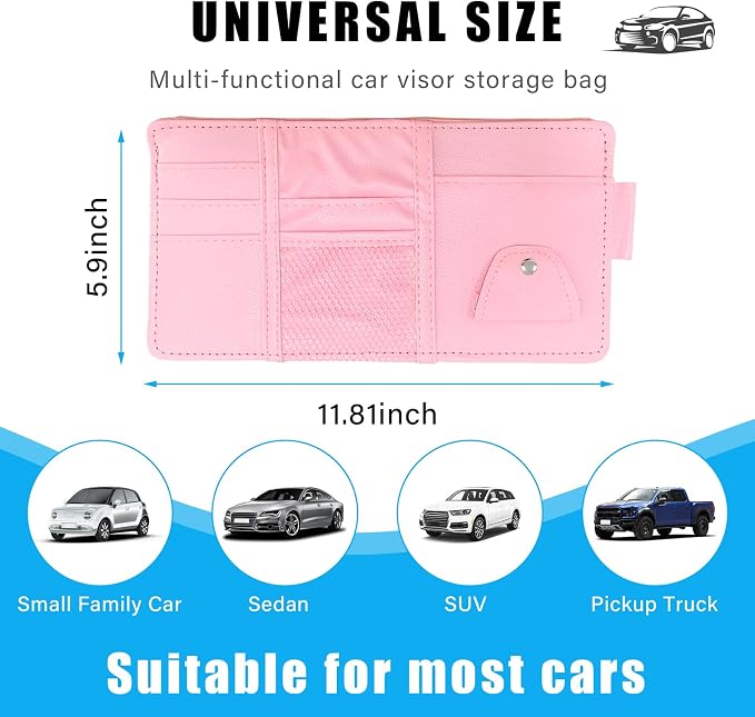 Augeny Car Sun Visor Organizer, Leather Personal Belonging Storage Pouch with Zipper, Car Visor Storage Pouch Sunglasses Holder, Auto Interior Accessories Pocket Organizers (Pink)