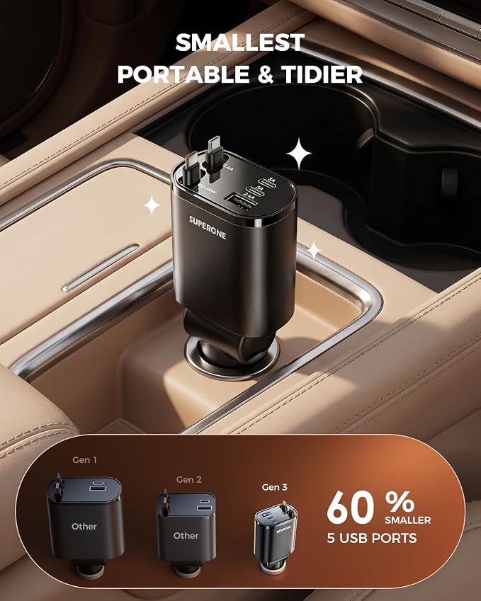 SUPERONE 5 in 1 Retractable Car Charge with Dual Type C Cables, 90W Fast Charging Car Charger, Ultra-Compact USB C Car Accessories Adapter for iPhone 17/16/15/14/13, Galaxy, iPad, Black
