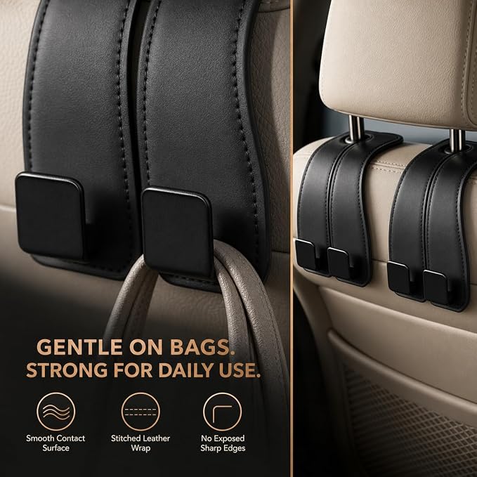 vidonio Car Headrest Hooks, 2 Pack 360° Rotating Double Hooks with Leather-Wrapped Metal Core, Heavy Duty Seat Back Purse Holder for Handbags, Grocery Bags and Backpacks, Black