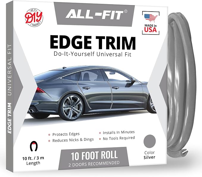 All-Fit Automotive Car Door Edge Protector – Universal DIY Edge Trim to Prevent Scratches & Dings – Flexible Adhesive Molding Trim for Cars, Trucks & SUVs (10 Ft - Silver)