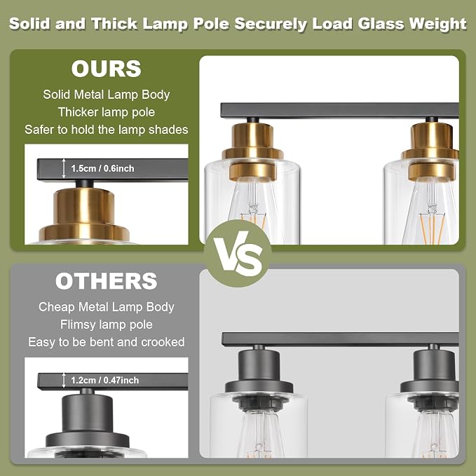 Unicozin Modern Bathroom Light Fixtures, 5 Light Vanity Lights Over Mirror, Black and Gold Wall Lamp with Clear Glass for Living Room Cabinet Bedroom Porch