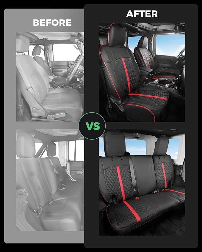 for Jeep Wrangler Seat Covers 4Door JK 2013 2014 2015 2016 2017, Custom Car Seat Cover Full Set, Luxury Leather Seat Protectors, Waterproof SUV Interior Cushions Accessories, Black Red Trim