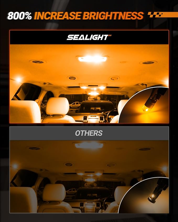 SEALIGHT 194 LED Bulb 2700K Amber, License Plate Light, Dome Light, T10 168 2825 W5W 3030 Bright Chips Wedge for Replacement Light Bulb, Map Trunk Door Courtesy Dash LED Light Bulb,Pack of 2