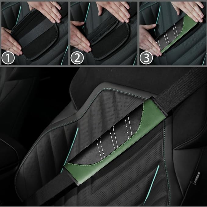 NBTEPEM 6 Pcs Green Car Accessories Set, Sport Leather Steering Wheel Cover 14.5-15inch Universal, Microfiber Leather Car Center Console Cover, Seat Belt Cushion, Cup Holder Coaster (Black-Green)