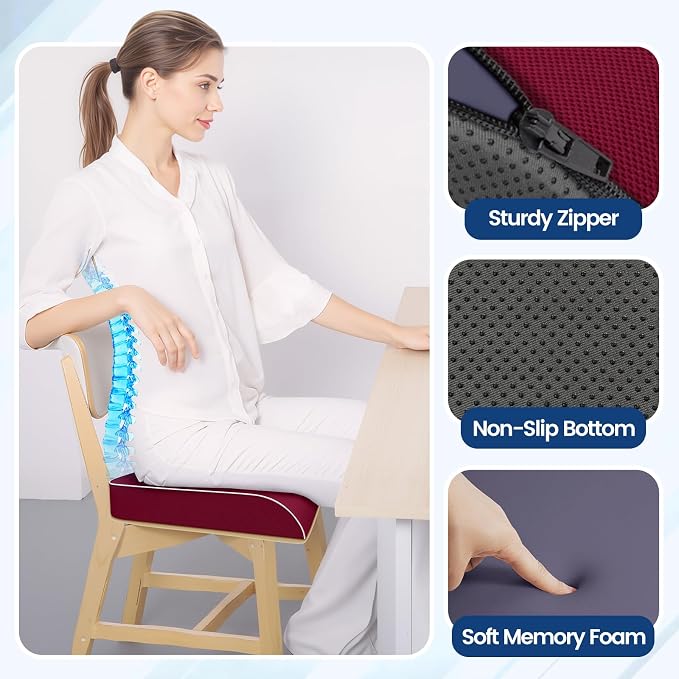 SweetSlubr Seat Cushion for Tailbone Pain Relief, Office Chair Cushion, Memory Foam Large Chair Pad with Non-Slip Cover for Soft Support at Office Chair, Car Seat, Airplane Red/Large