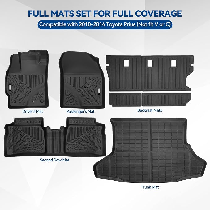 Custom Fit Floor Mats for Toyota Prius 2010-2014 (Not fit V or C) | All Weather TPE Floor Liners with Trunk Mat & Backrest Protectors | Odorless Full Set Interior Accessories