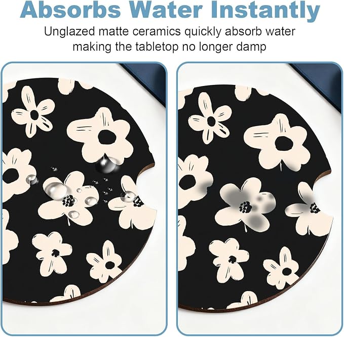Car Cup Holder Coaster Set of 2, 2.56 in Ceramic Coasters, Scratch-Resistant Cork Backing, Finger Groove Design for Easy Placement, Cute Car Accessories Interior for Women (White Flowers)