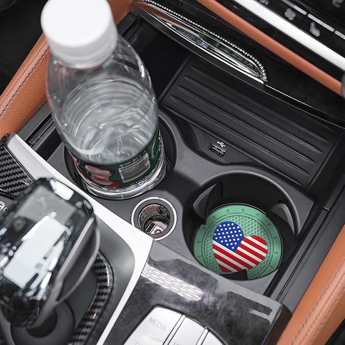 AUCELI 2 Pack Car Cup Holder Coasters, Colored American Flag US Flag Insert Car Cup Coaster, 2.75 Inch Anti Slip Shockproof Embedded Drink Mat, Vehicle Interior Decor Accessories