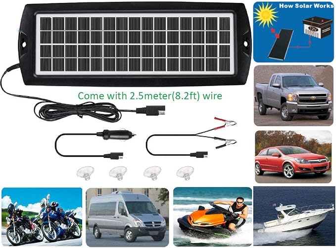 Sunway Solar Solar Car Battery Trickle Charger & Maintainer 5W Solar Panel Power 12V Charger kit Waterproof for Car Automotive RV Marine Boat Truck Motorcycle Trailer Tractor Powersports Snowmobiles
