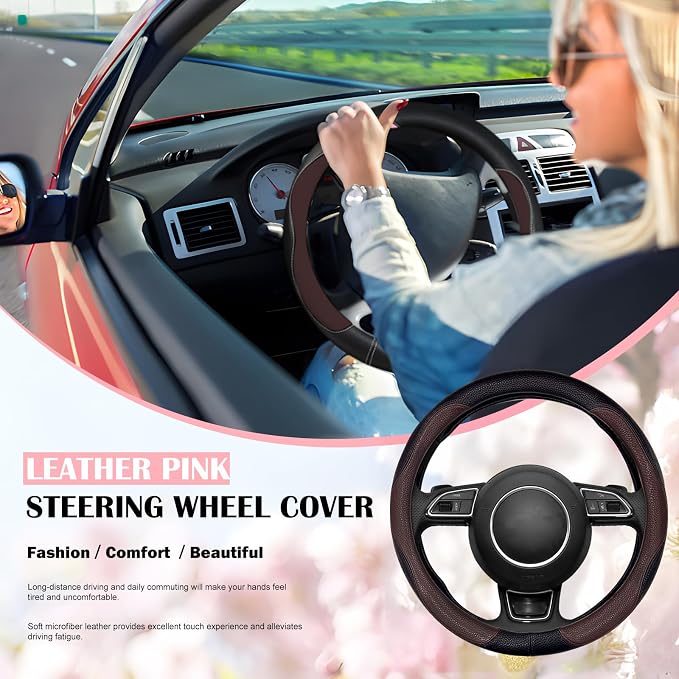 SuperKaKa Brown Car Steering Wheel Cover 2025, Universal Auto PU Cute Breathable Slip-Proof Comfort Imitation Leather Protector Cars Interior Accessories for Women Men Fit Most Vehicle