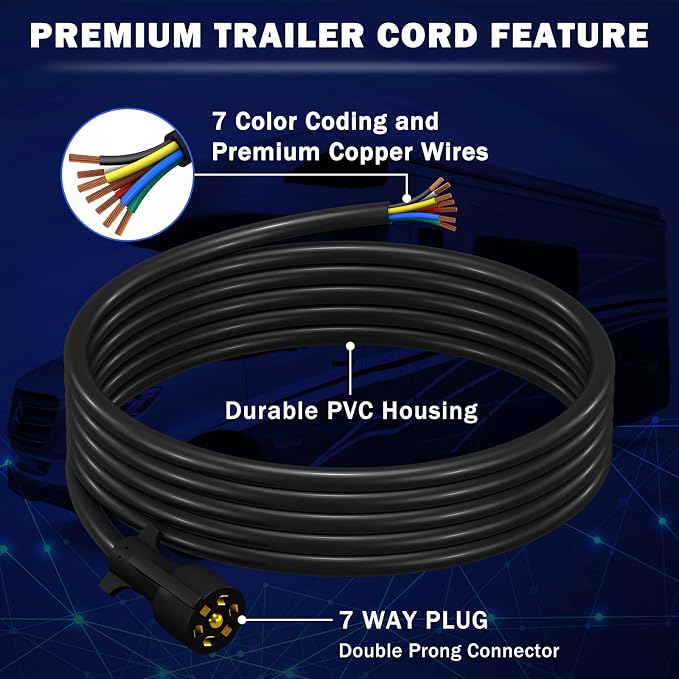 CheeMuii 15 FT Trailer Cord Heavy Duty 7 Way Trailer Wiring Harness Kit 7 Pin Trailer Plug Inline Wire Harness Cable for Trailers RVs Campers