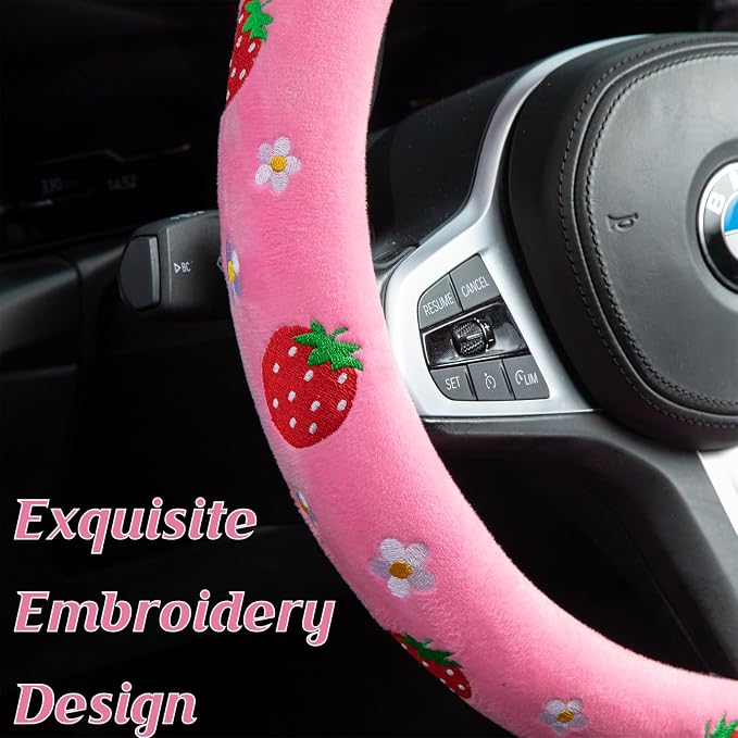 Embroidered Daisies Strawberry Cute Pink Steering Wheel Cover, Auto Anti-Slip Breathable Steering Wheel Protector, Floral Strawberry Car Accessories for Women,Universal Size Fit Most Cars -15 inch