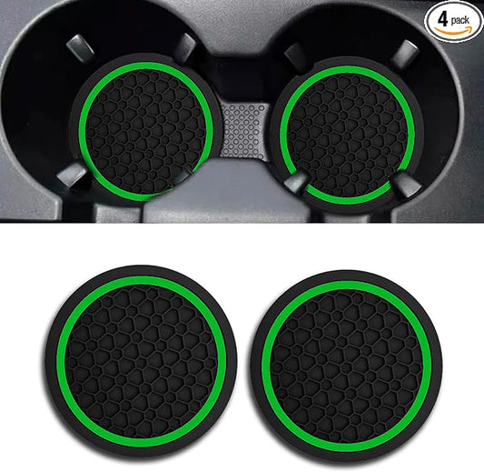 Car Cup Holder Coasters, Dustproof Automotive Interior Accessories Mat,2.75 Inch Non-Slip Insert Water Bottle Holder Pads, Universal for Vehicles, Trucks, RVs and More (Black/Green, 2PCS)