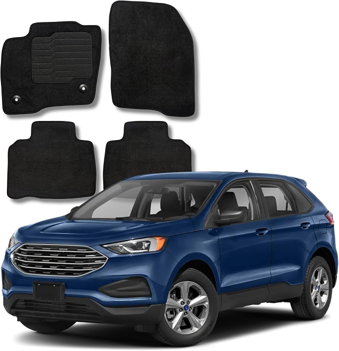 ecoMats Carpet Floor Mats Compatible with 2015 to 2024 Ford Edge, with Non-Slip Driver Heel Pad and Safety Locks, Front and Rear, Black