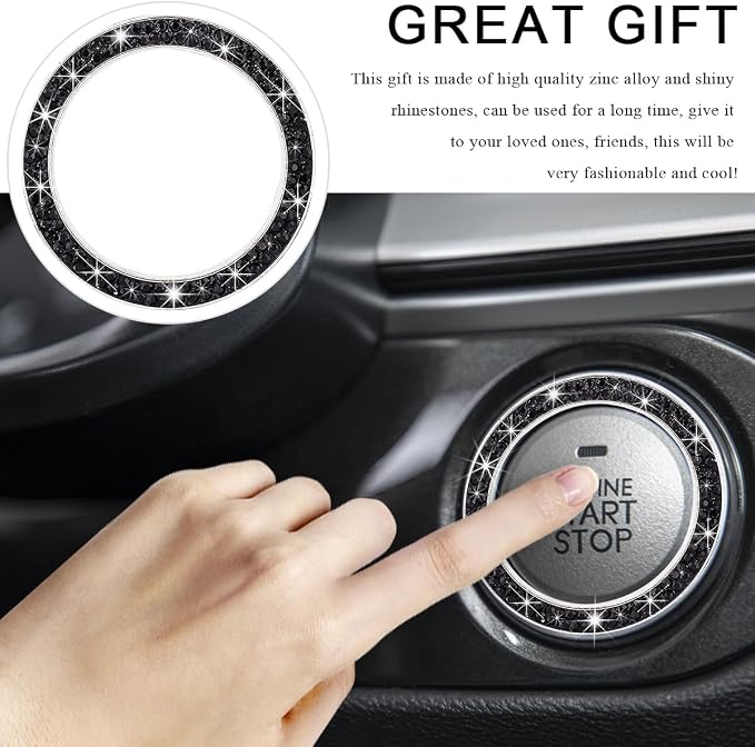 Car Bling Crystal Rhinestone Engine Start Ring Decals, Sparkling Diamond Car Push Start Button Ignition Ring Sticker, Auto Key Ignition Knob Ring Decoration for Women Girls (Black)