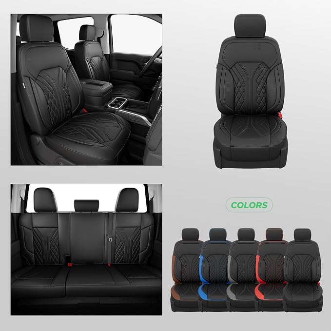 Truck Leather Seat Covers for Chevy Silverado Gmc Sierra 2019-2026 | Crew Cab 1500/2500/3500HD, Bucket Seat, NO Rear Seatback Storage, Scratch-resistant, Easy-clean, Pickup Protector, Full Set